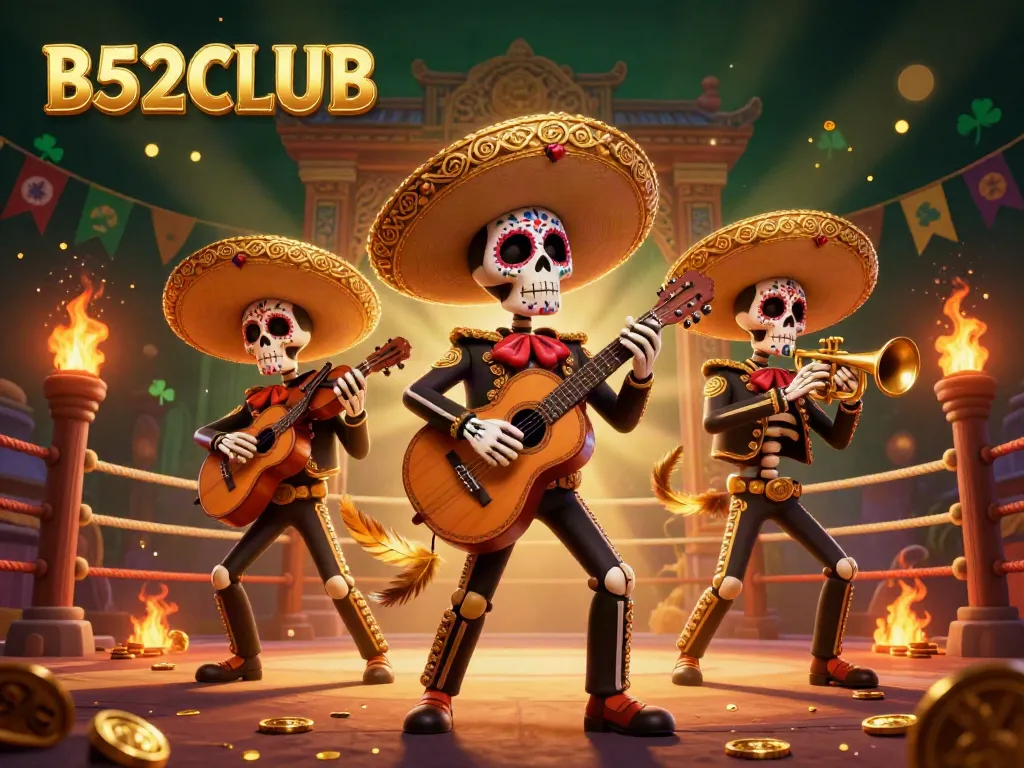 B52CLUB showcases colorful skeleton mariachi musicians in a vibrant, dynamic casino setting.
