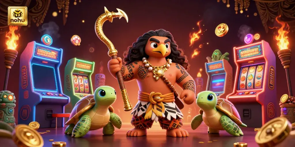Spin the reels at nohu's exciting online casino with vibrant characters and glowing treasures.