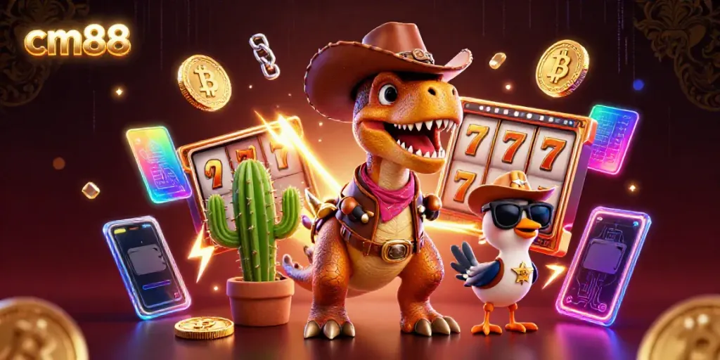 Engage with cm88's thrilling slot games featuring a cartoon dinosaur, cactus, and roadrunner in a dynamic casino setting.