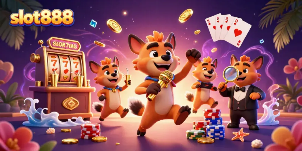 Experience the fun of slot888 with a vibrant hyena comedy casino scene filled with golden rewards and exciting gameplay.
