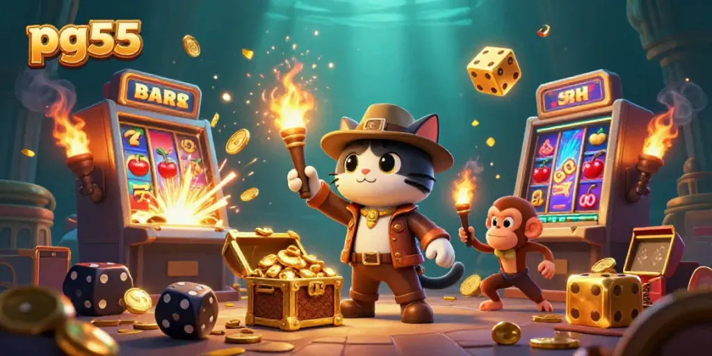 Experience excitement with pg55 in a vibrant casino scene featuring an archaeologist cat and monkey.