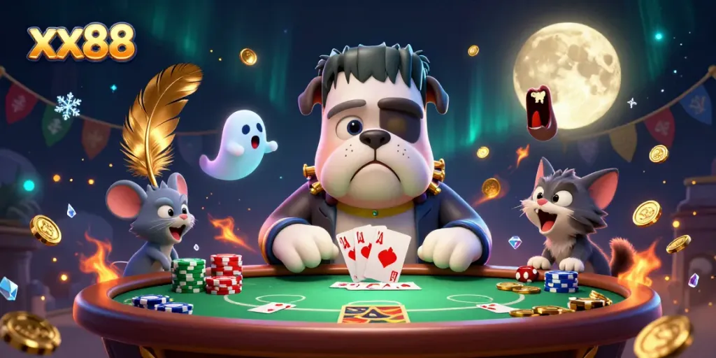 Experience thrilling gameplay with xx88 at a dynamic poker table led by a Frankenstein bulldog dealer.