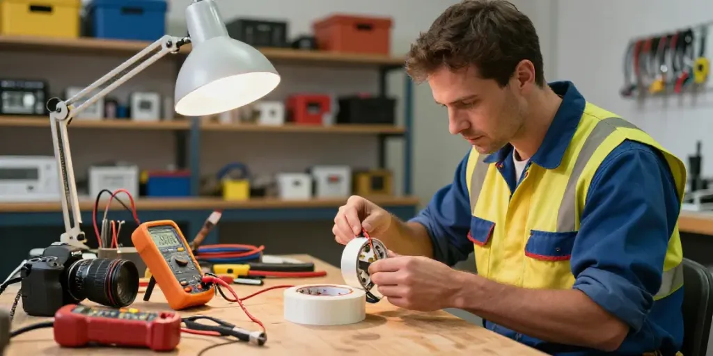 Electrician applying Super33 tape in a vibrant workshop environment with tools and components.