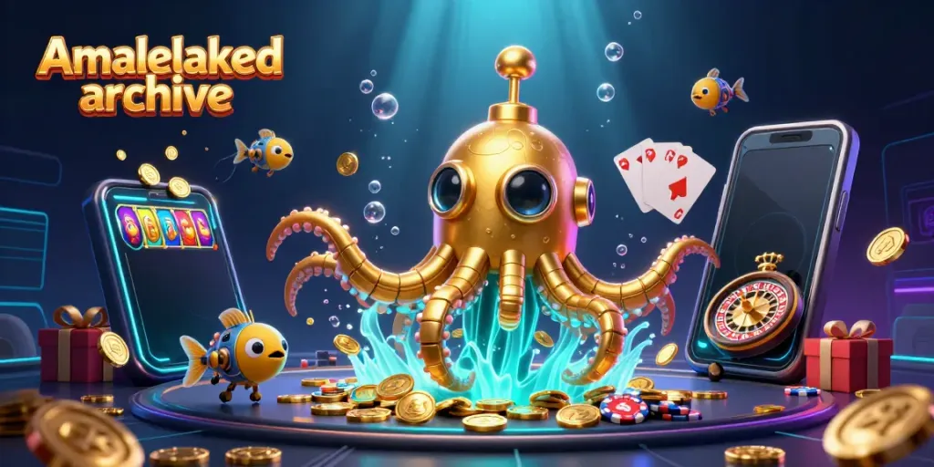 Engage with Amaleaked archive's vibrant gaming scene featuring a golden kraken submarine and casino elements.