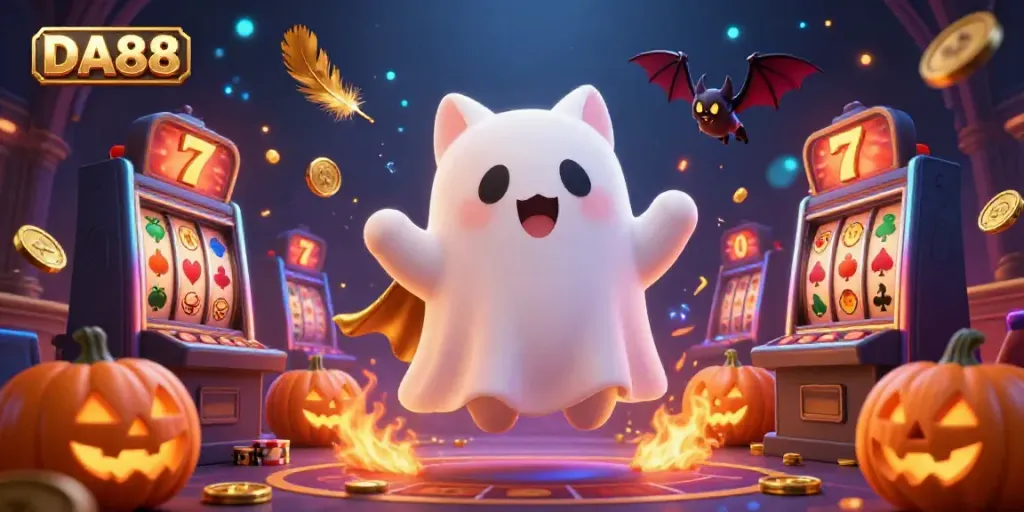 Experience the DA88 haunted casino adventure with a friendly ghost cat and vampire bat in this vibrant illustration.