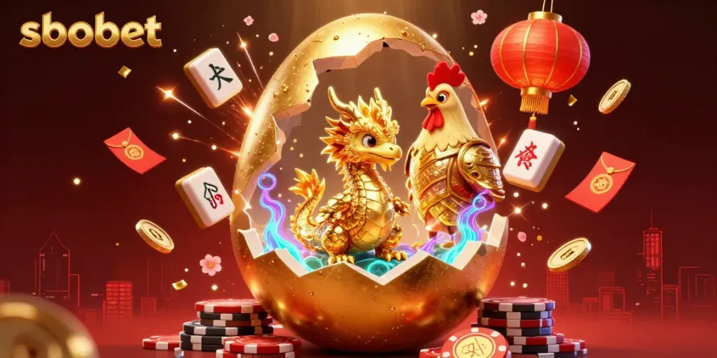 Engaging scene of sbobet branding featuring a golden baby dragon on poker chips, surrounded by festive casino elements.