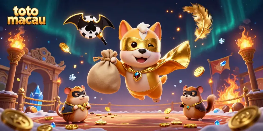 Menangkan angka di toto macau dengan superhero anjingnya yang menerbangkan koin emas.