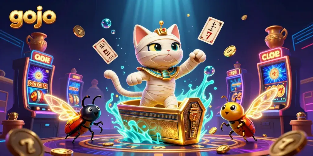 Engage in thrilling casino games with Gojo; an animated mummy cat bursts from a golden sarcophagus in a vibrant pyramid.