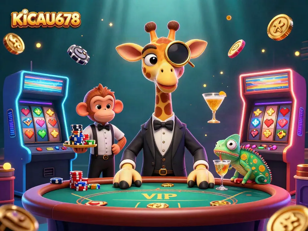 Experience KICAU678's exciting gambling world with a giraffe high-roller and vibrant casino elements.