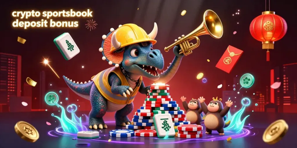 Experience the crypto sportsbook deposit bonus with a vibrant 3D illustration showcasing lively characters and casino elements.