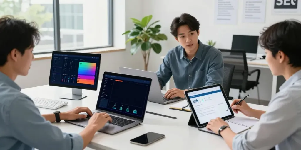 Dynamic team collaborating in a modern office for the best pbn hosting strategies.