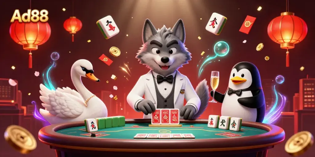 Experience thrilling baccarat at Ad88 with a whimsical casino scene featuring a debonair wolf, elegant swan dealer, and sophisticated penguin sommelier.