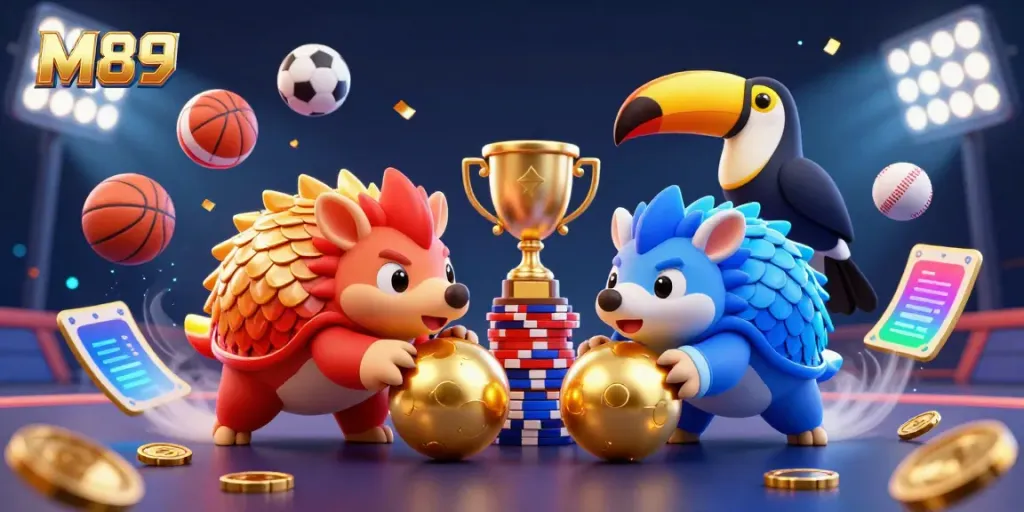 M89 pangolin characters bowling through poker chips in an energetic casino scene.