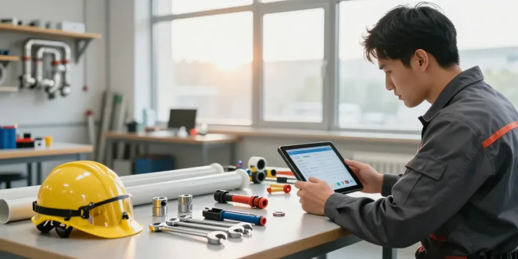 Plumbing Business Software integration in a modern workshop with a technician using a tablet.