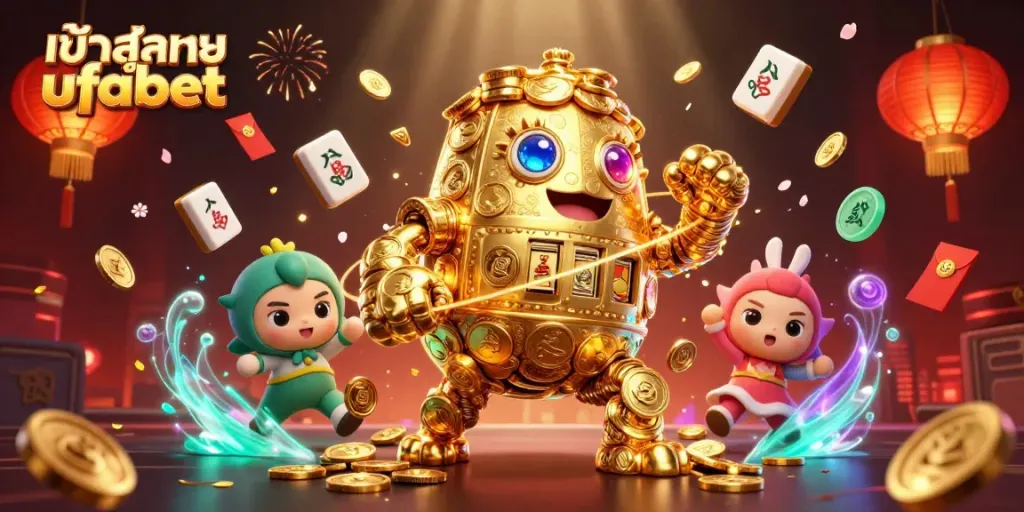 Engage in fun with the golden golem and slot machine symbols at เข้าสู่ระบบ ufabet, a vibrant online gaming world.