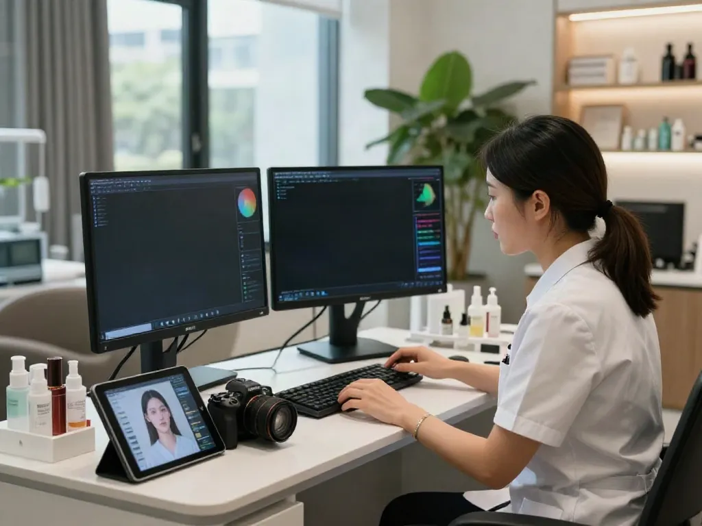 Alternatives to QOVES beauty analysis session with trained specialist reviewing facial data in a modern clinic.