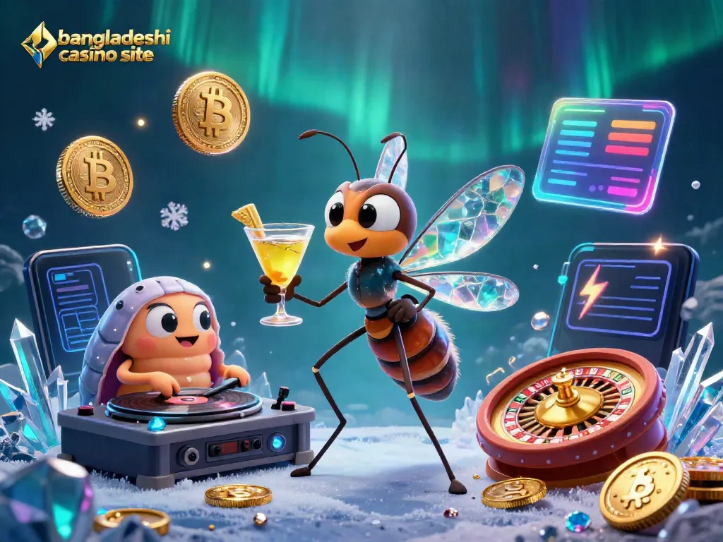 Experience the bangladeshi casino site in a vibrant 3D scene with unique characters and crypto elements.