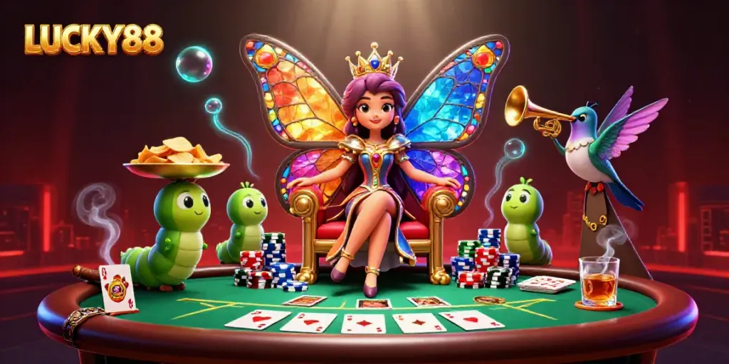 Engage with LUCKY88 in a vibrant casino scene featuring a butterfly queen and poker elements.