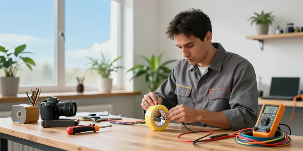 Technician applying Super33 tape in a bright workshop filled with tools and electrical wires.