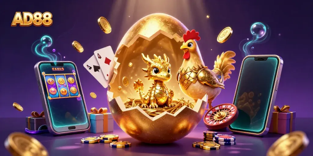 Engage with the thrilling AD88 experience featuring a sparkling gold dragon amidst dynamic gambling elements.