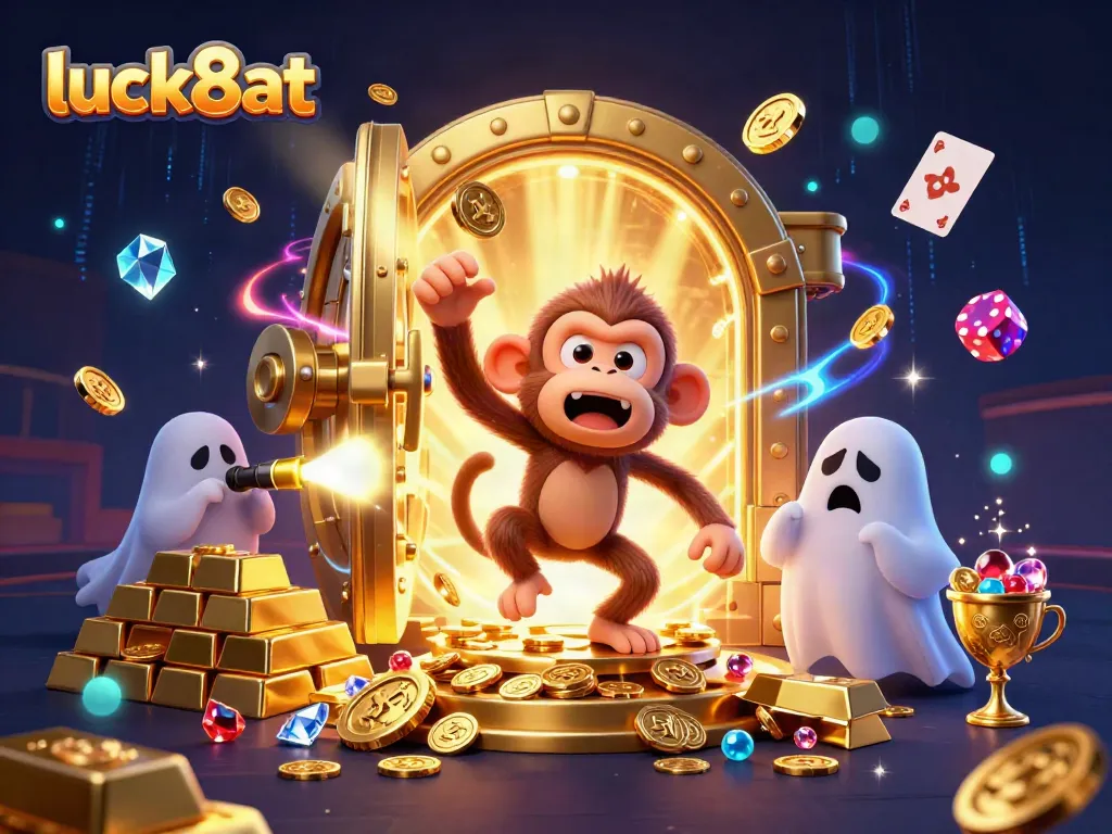 Luck8at casino scene featuring a mischievous monkey juggling gold while a ghost-hunter puppy tracks its moves.