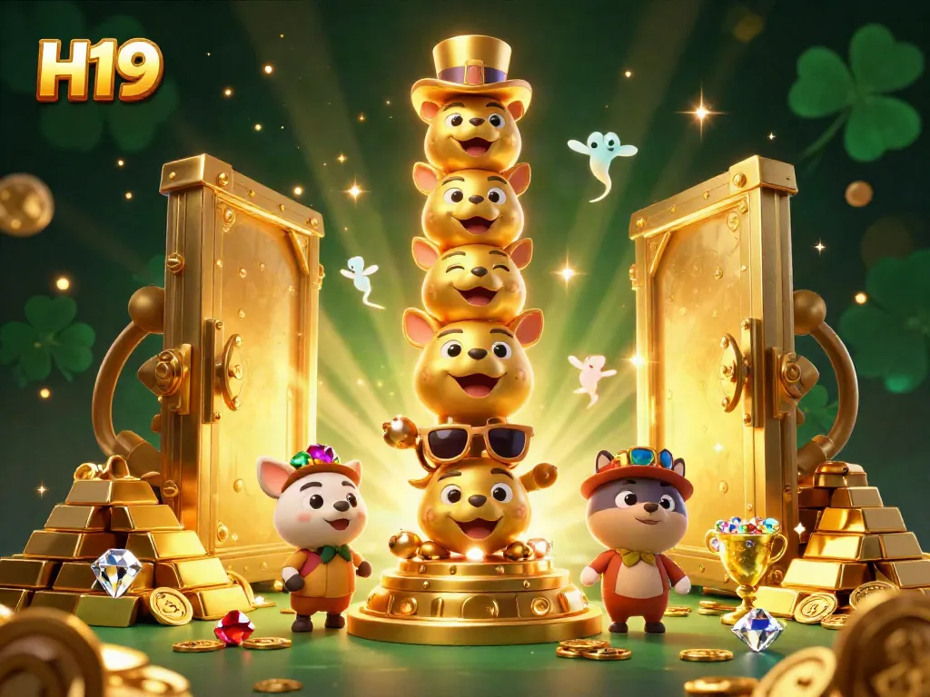Experience the thrill of gambling at H19 with a vibrant 3D casino scene filled with treasures and excitement.