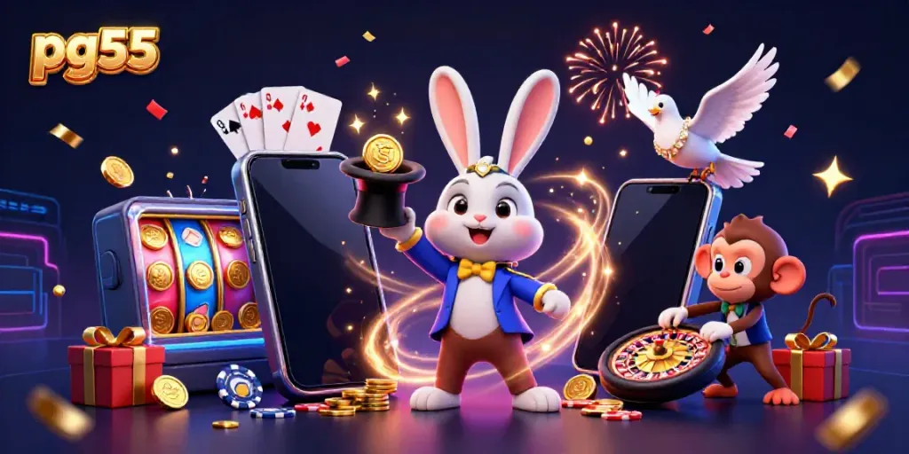 Experience exciting wins on pg55 as a rabbit magician conjures coins and magic.