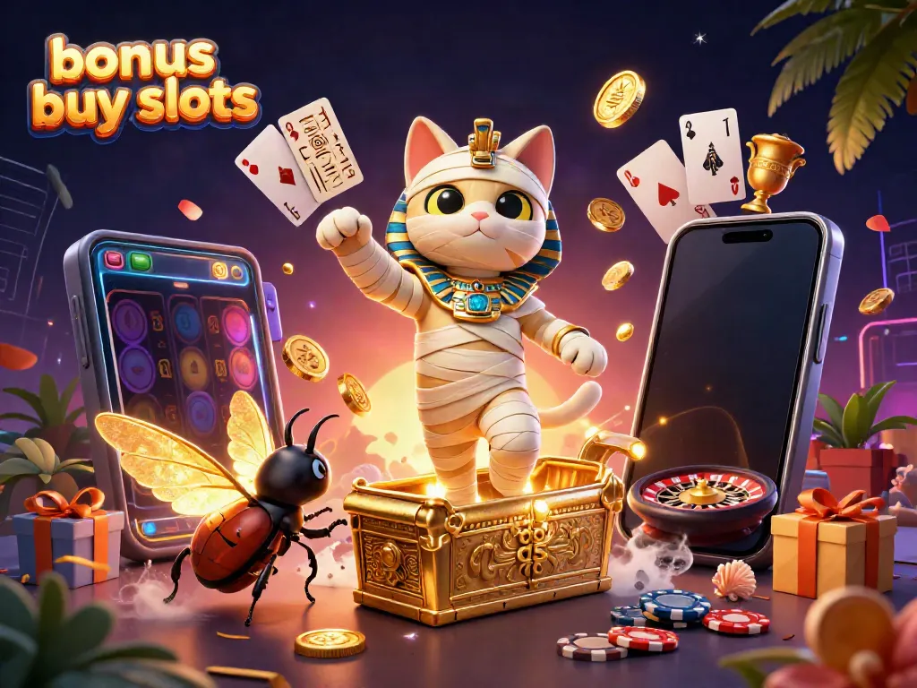 Play thrilling bonus buy slots with Egyptian cat and scarab beetle in a vibrant casino scene.