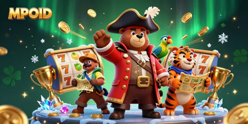 MPOID showcases a vibrant 3D illustration of a casino-themed adventure featuring a pirate bear, tiger first mate, and parrot amid dynamic slot reels and golden trophies.