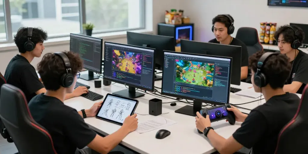 Developers collaborating in a professional gaming studio, showcasing erigo4d gaming design and teamwork.