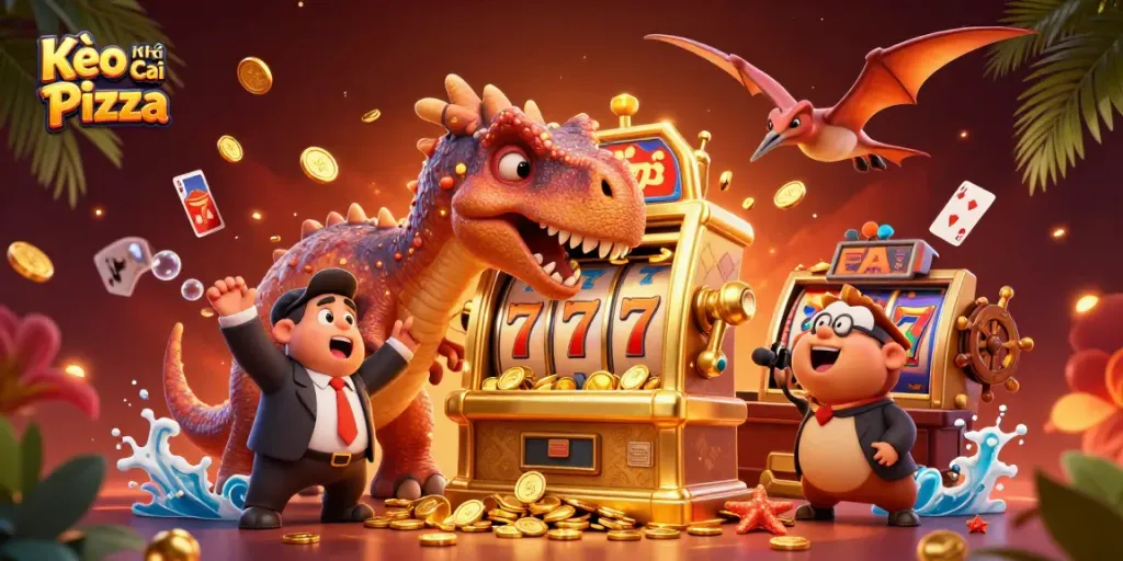 Kèo Nhà Cái Pizza showcases a dinosaur winning big at slots while a casino manager panics and a flying pteranodon collects coins.