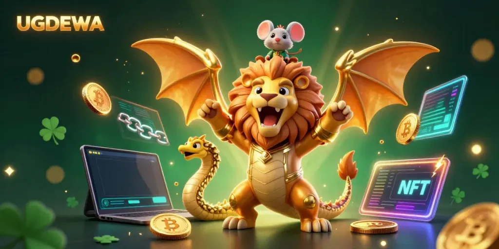 Experience the thrill of UGDEWA with a vibrant 3D chimera and crypto coins in an energetic casino scene.