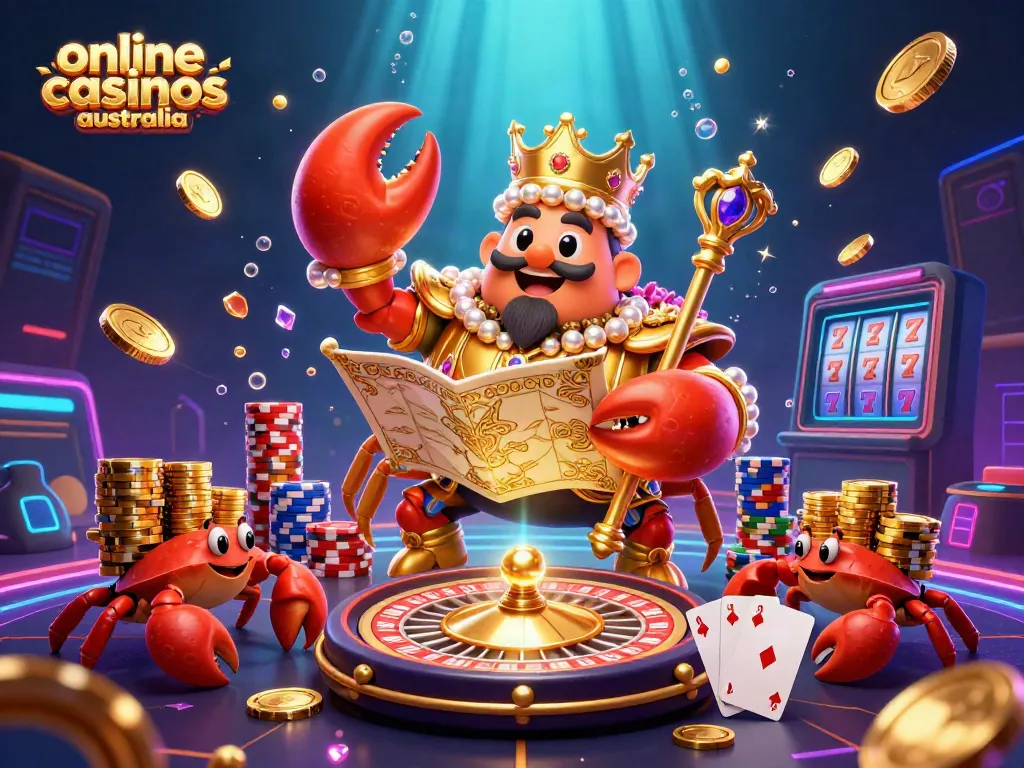 Experience the excitement of online casinos Australia with a vibrant golden crab emperor and treasures.