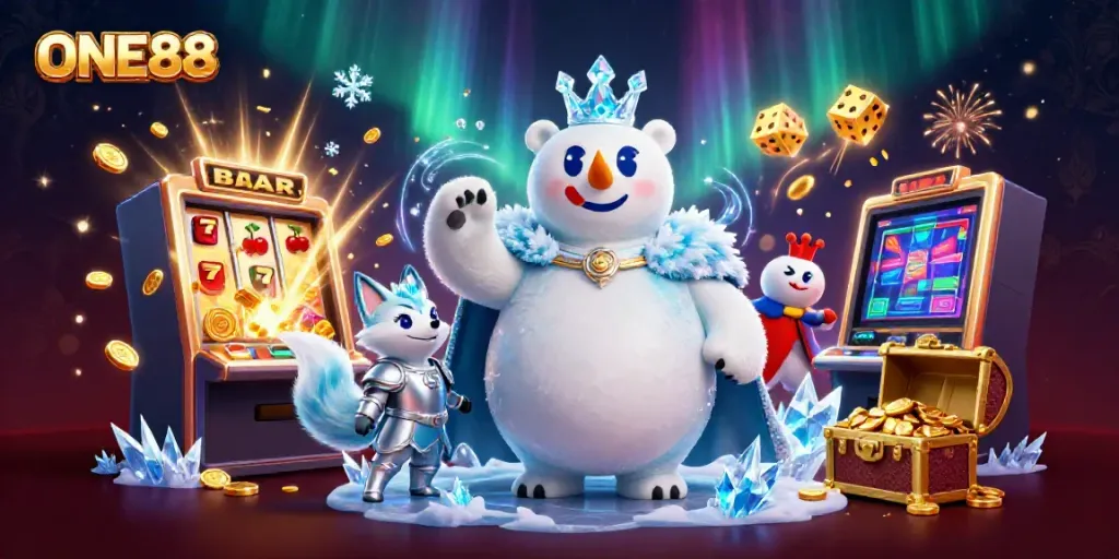 Engaging ONE88 casino scene featuring a charismatic ice king and a snow fox amidst a vibrant jackpot explosion.