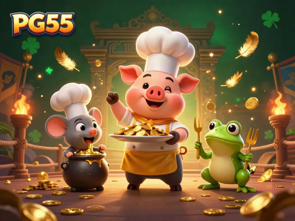 Engage with PG55's thrilling casino adventures featuring a chef pig, sous-chef mouse, and critic frog.